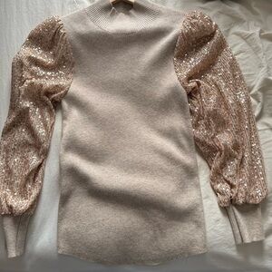entro Sequin Puff Sleeve Knit Top - Light Beige